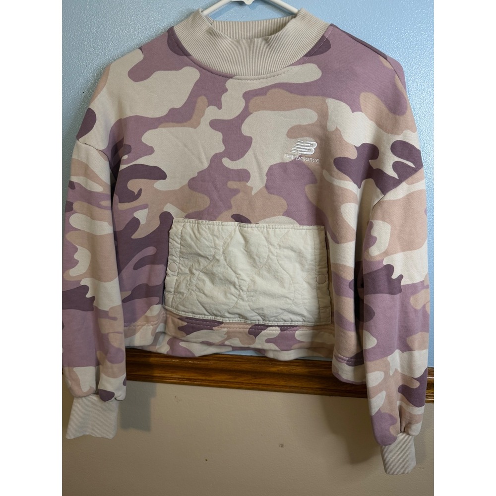 New Balance Womens Camo Mock Neck Cropped Sweatshirt Purple Tan Small